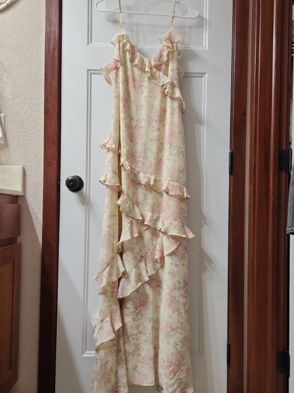 Altar'd State Cream and Pink Floral Ruffle Slip Dress